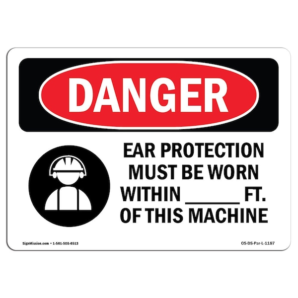 OSHA Sign, Ear Protection Must Worn, 5in X 3.5in Decal, 10PK, 5" W, 3.5" H, Landscape, PK10